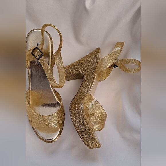 Sz 8 Gold Glitter Jelly Block High Heel Sandals Shoes NEW Platform Meta… - Picture 2 of 8